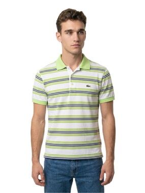 Lacoste Men’s Striped Polo Shirt White Green Blue Cotton Size 5 France